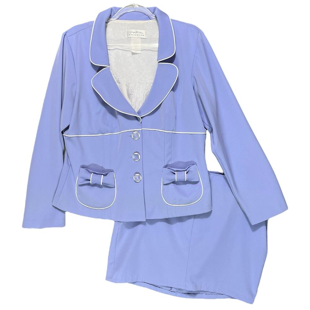 GIORGIO FIORLINI Womens Twee Skirt Suit Set Sz 16 Coquette Bow Trim Piped Jacket